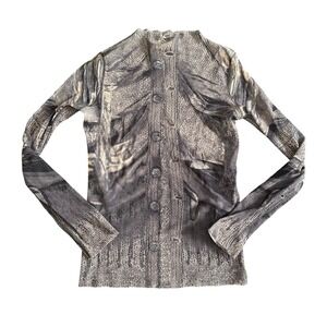 Jean Paul Gaultier Maille Femme Trompe L'oeil Knit Print Mesh Top Grey Mock Neck